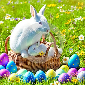 An Easter hare on a summer meadow with colored eggs