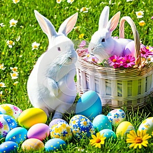 An Easter hare on a summer meadow with colored eggs