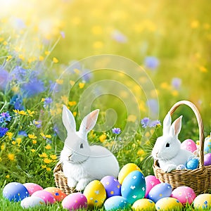 An Easter hare on a summer meadow with colored eggs