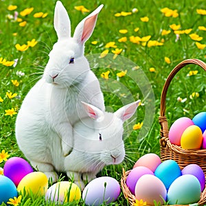 An Easter hare on a summer meadow with colored eggs