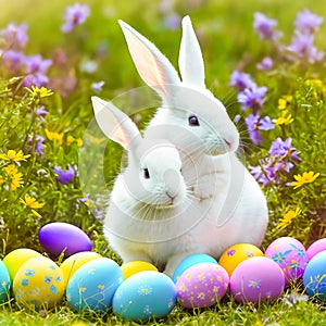 An Easter hare on a summer meadow with colored eggs