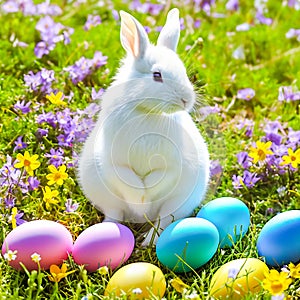 An Easter hare on a summer meadow with colored eggs