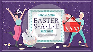 Easter holiday advertising banner sale for design decoration A girl and a guy with a basket and a painted egg stand between the