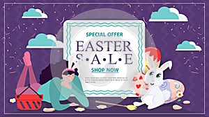 Easter holiday advertising banner sale for design decoration A lying girl and a rabbit with a painted egg between the text with