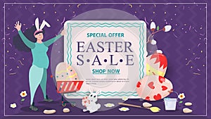 Easter Holiday Advertising Banner Sale for design Decoration Pregnant Girl with cart and painted eggs between text with