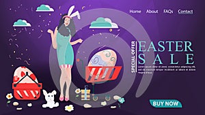 Easter holiday advertising banner sale for the design of a website web page A girl stands between a basket and a cart containing
