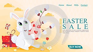 Easter holiday advertising banner sale for website design web page rabbit holds a colored egg next to a gift flat illustration