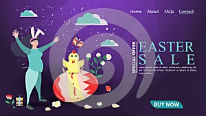 Easter holiday advertising banner sale for website design web pages A pregnant girl stands next to a painted egg on which a