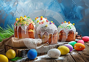 Easter holiday background. wicker basket with Easter cakes, colorful eggs and willow branches on table close up. Festive