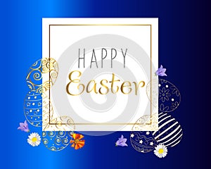 Easter holiday card. Elegant easter eggs with cookies and flowers. For congratulations