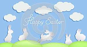 Easter holiday cards and invitations. Simple illustration with bunnies and white clouds.