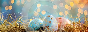 Easter holiday concept with many pastel colored eggs in straw and grass. Image with copyspace