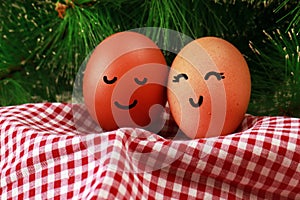 Easter Holiday Concept Two Eggs Smile Happiness on a Red Napkin with Green Spruce Background