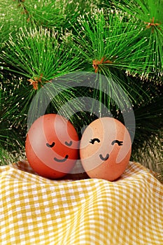 Easter Holiday Concept Two Eggs Smile Happiness on a Yellow Napkin with Green Spruce Background Vertical