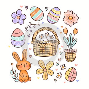Easter holiday decor collection isolated on white background. Cartoon eggs, bunny, flowers, basket. Simple doodle style