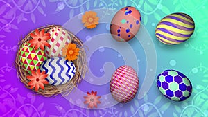 Easter holiday decoration. Beautiful easter eggs in different pattern on blue gradient texture