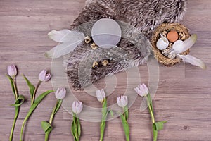 Easter holiday decoration design with eggs feathers fur tulips