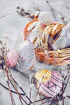 Easter holiday decoration. Egg shaped cookies with frosting and