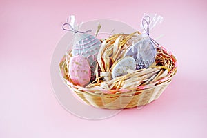 Easter holiday decoration. Egg shaped cookies with frosting