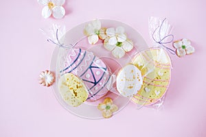 Easter holiday decoration. Egg shaped cookies with frosting