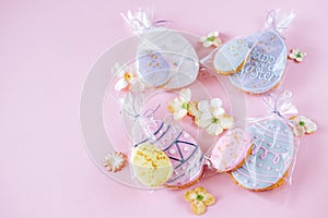 Easter holiday decoration. Egg shaped cookies with frosting