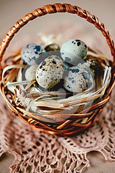 Easter holiday decoration. Quail eggs wrapped in hay in woven b