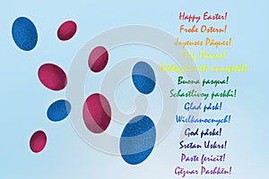 Easter holiday design with the wish translated into several languages in Europe