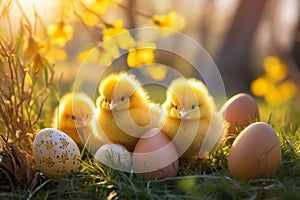 Easter holiday greeting card background. Easter eggs, flowers and three cute yellow chickens