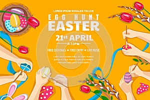 Easter holiday poster. Horizontal egg hunt banner or flyer. Kids painting Easter eggs, vector illustration