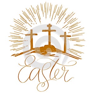 Easter holiday religious calligraphic text , cross symbol of Christianity hand drawn vector illustration sketch