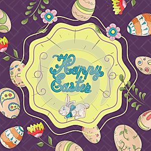 Easter holiday square banner sticker in a circle in the style of childrens Doodle painted eggs and flowers