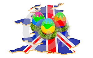 Easter holiday in the United Kingdom, Easter eggs on the British map. 3D rendering