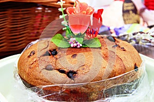 Easter home cake decorated red flower. concept of religion, Christianity and the feast of Easter