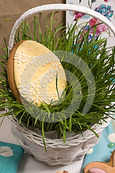 Easter honey-cake egg form, green grass busket, holiday preparation