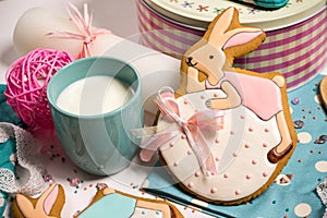 Easter honey-cake rabbit, cup milk, stylish kitchen, celebration food