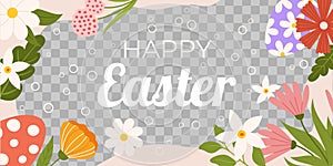 Easter horizontal background template. Design for celebration spring holiday with transparent frame for photo, painted