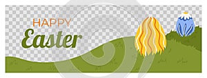 Easter horizontal banner template. Design for celebration spring holiday with transparent frame for photo, painted eggs
