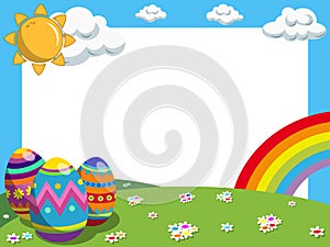 Easter horizontal frame decorated eggs rainbow meadow