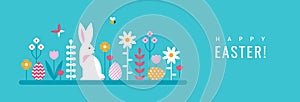 Easter horizontal illustration with flowers, eggs and rabbit