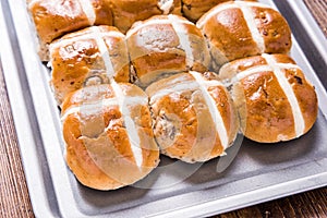 Easter hot cross bun on tray