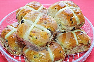 Easter hot cross buns in a dish.