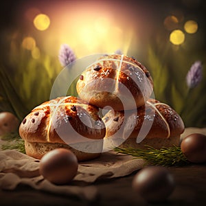 Easter hot cross buns on a white cloth in green fields with sunlight and chocolate eggs