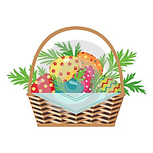 Easter icon with basket full of colored eggs.
