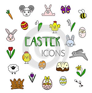 Easter icons set. Funny adorable, colourfool, doodle easter icons. Set of Easter design elements. Eggs, chicken, butterfly,
