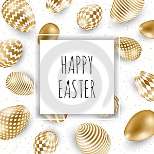 Easter illustration with calligraphic greeting and Easter eggs decorated with gold.