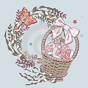 Easter illustration in cartoon style, kawaii color. Symbols of Catholic Easter, spring holiday. Flat design for creating