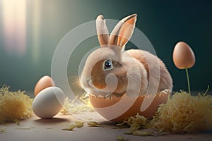 Easter illustration. Cute lovely bunny sitting in eggshell. Generative AI