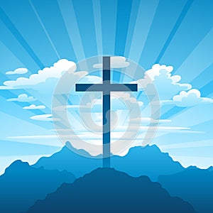 Easter illustration. Greeting card with cross and clouds.