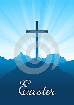 Easter illustration. Greeting card with cross and sky.