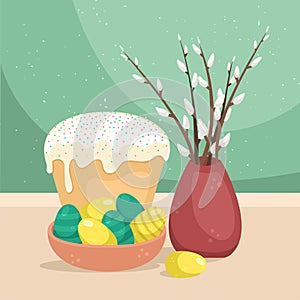 Easter illustration with a kulich, willow twigs and Easter eggs